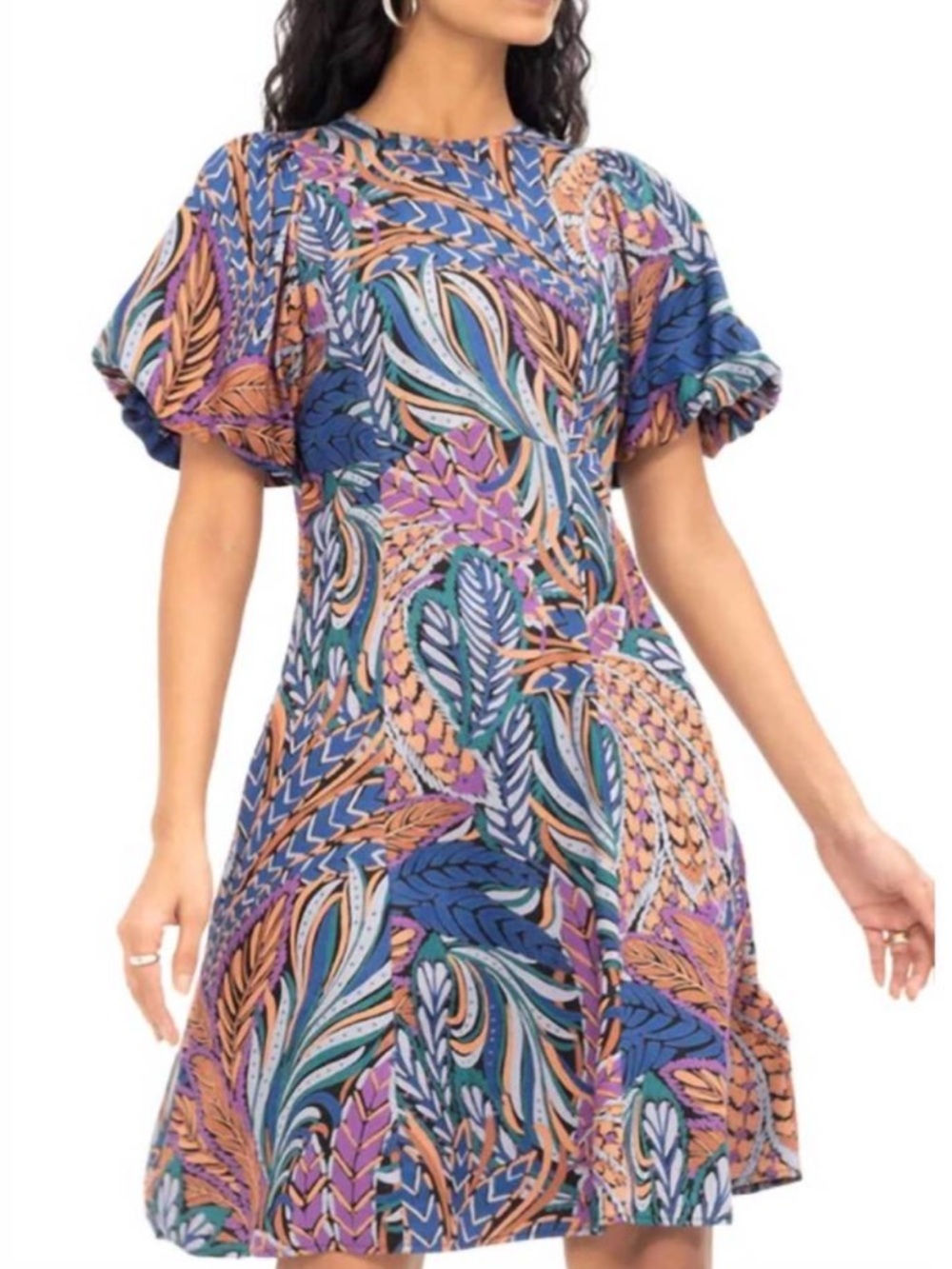 BANJANAN Garcia Feather Mini Dress Clay Botanical Print Size X-Small Puff Sleeve